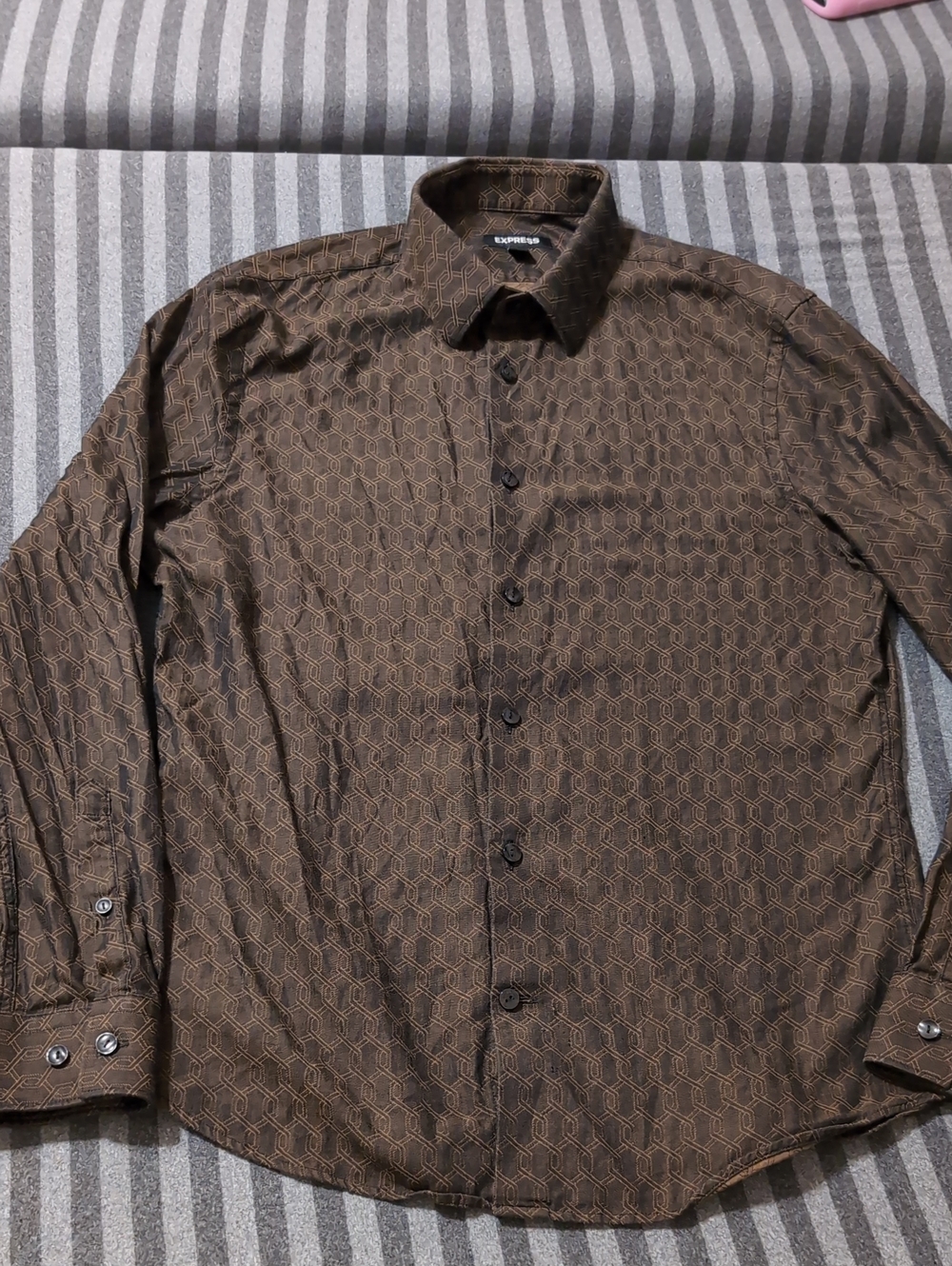 Express Brown Geometric Button-Up Dress Shirt S